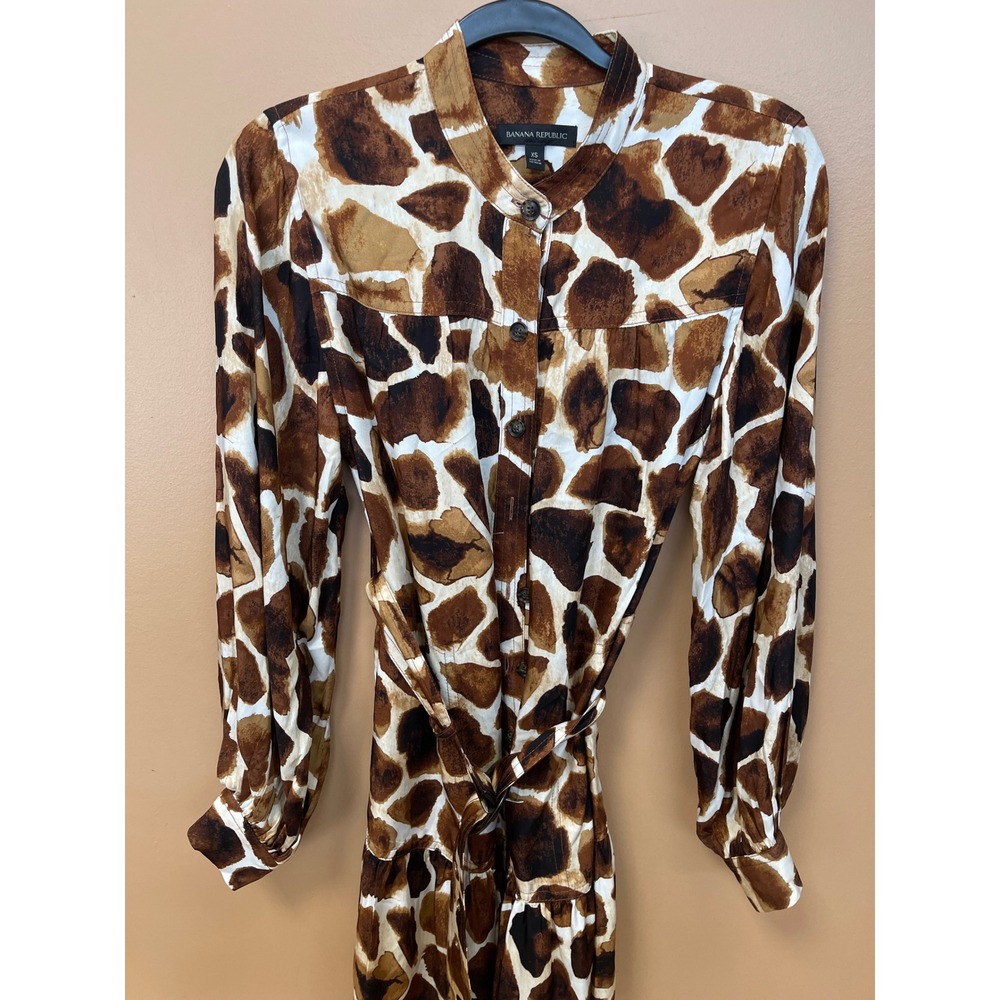 Banana Republic Giraffe Print Belted Shirt Dress Brown Tan XS Tiered Hem